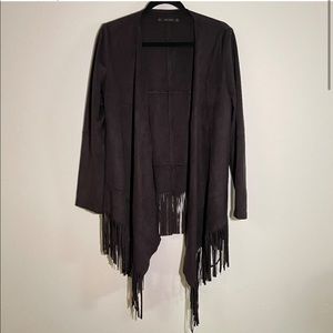 Zara Faux Suede Open Front Bottom Fringe Jacket Coat (M)